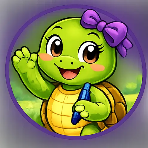 Tilda Turtle winkt mit einer lila Schleife